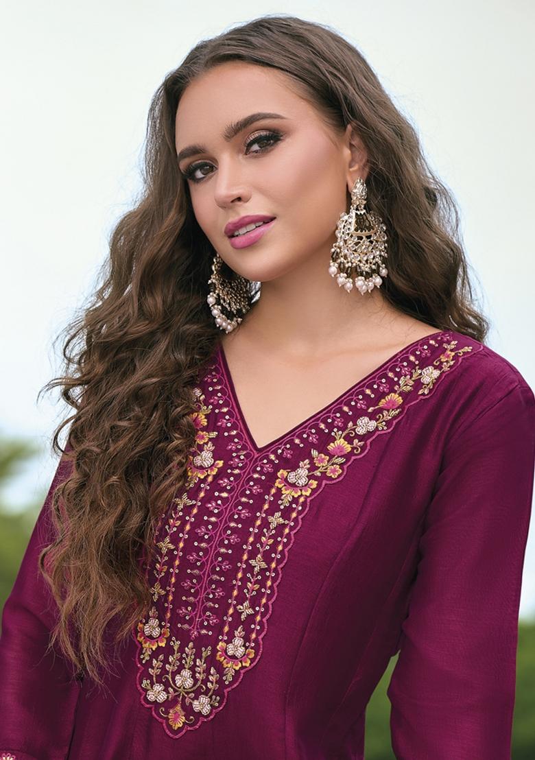 Cherry Red Embroidered Silk Blend Kurta Set - Indya