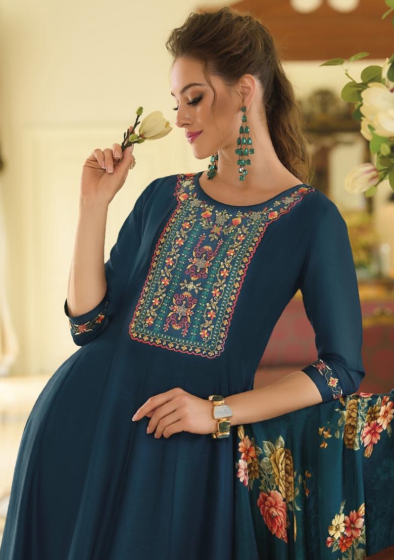 Teal Embroidered Silk Blend Kurta Set - Indya