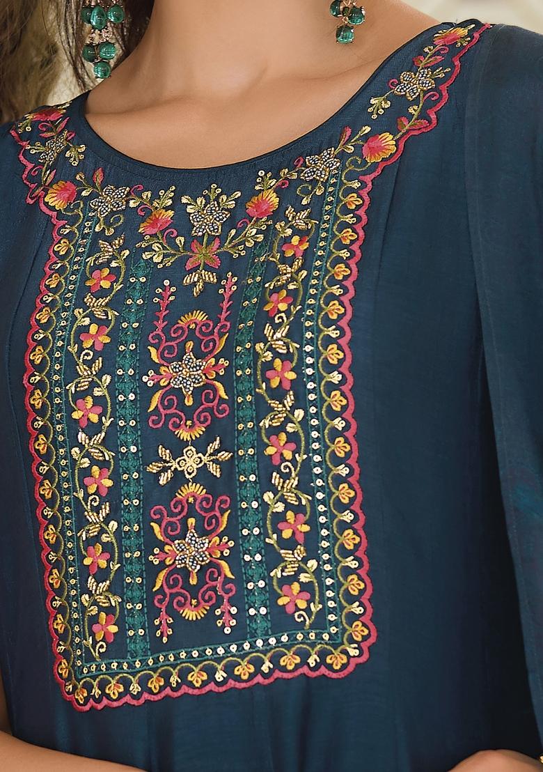 Teal Embroidered Silk Blend Kurta Set - Indya