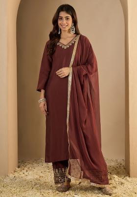 Coffee Embroidered Silk Blend Kurta Set