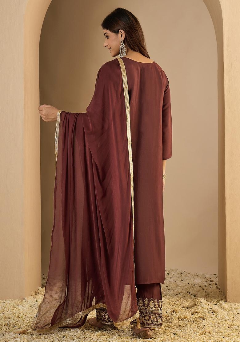 Coffee Embroidered Silk Blend Kurta Set - Indya