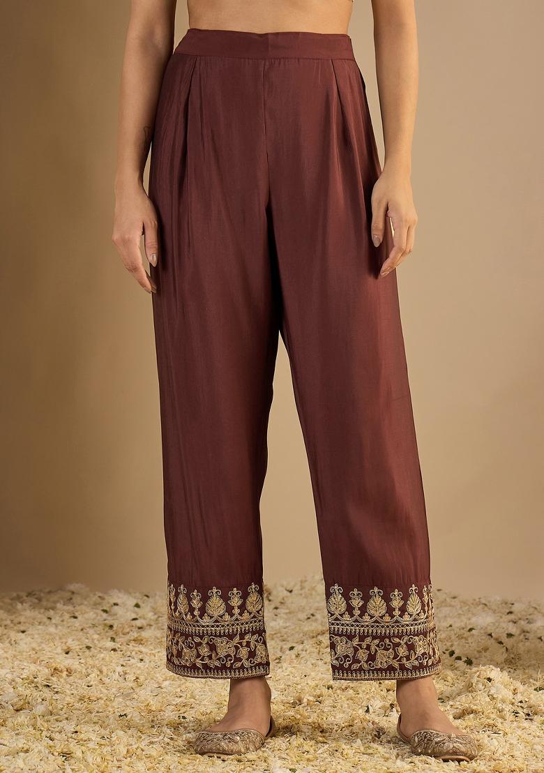 Coffee Embroidered Silk Blend Kurta Set - Indya