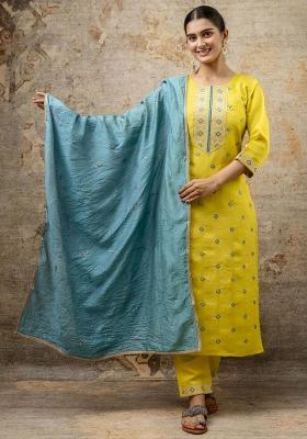 Lemon Embroidered Silk Blend Kurta Set