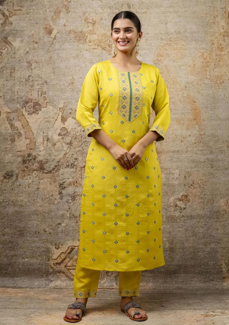 Lemon Embroidered Silk Blend Kurta Set - Indya