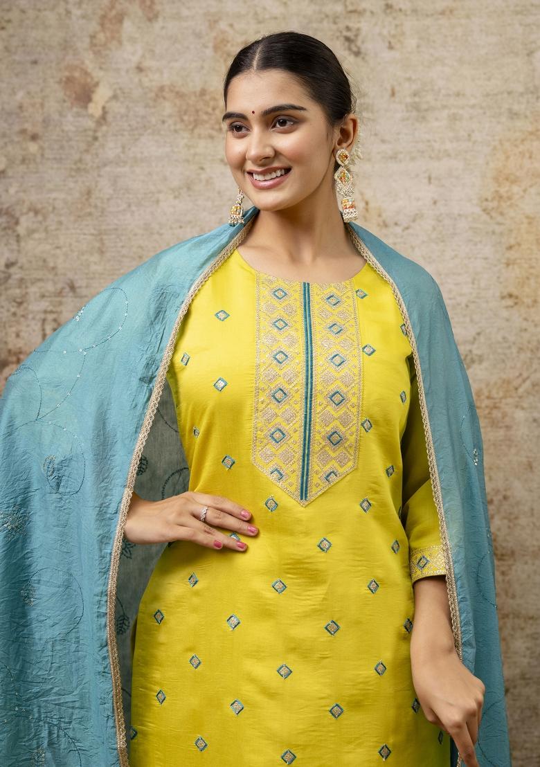 Lemon Embroidered Silk Blend Kurta Set - Indya