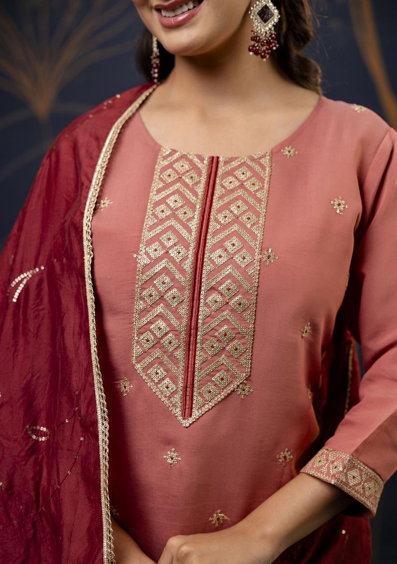 Peach Embroidered Silk Blend Kurta Set - Indya