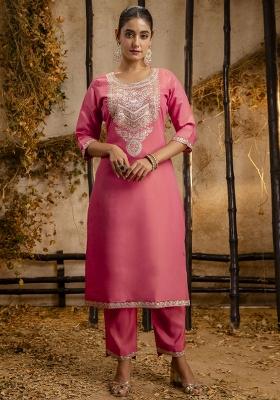 Peach Embroidered Silk Blend Kurta Set