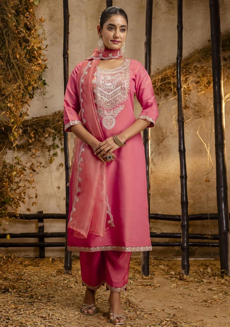 Peach Embroidered Silk Blend Kurta Set - Indya