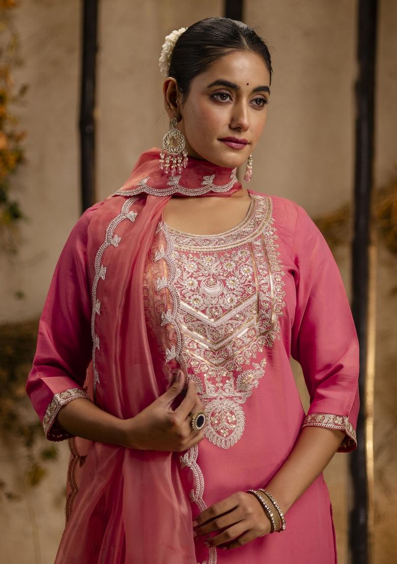 Peach Embroidered Silk Blend Kurta Set - Indya