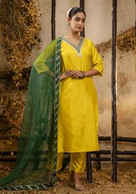 Yellow Embroidered Silk Blend Kurta Set