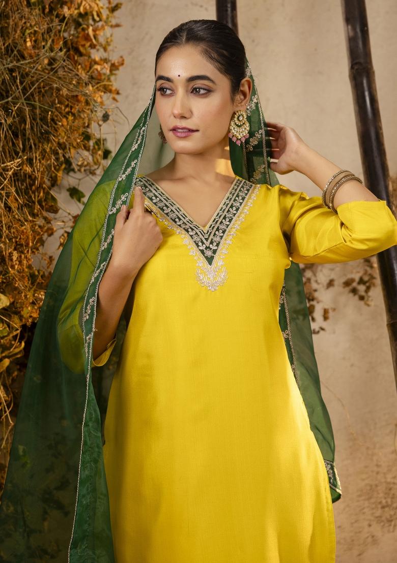 Yellow Embroidered Silk Blend Kurta Set - Indya