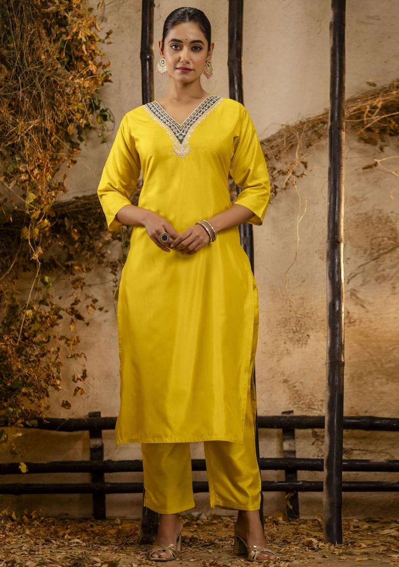 Yellow Embroidered Silk Blend Kurta Set - Indya