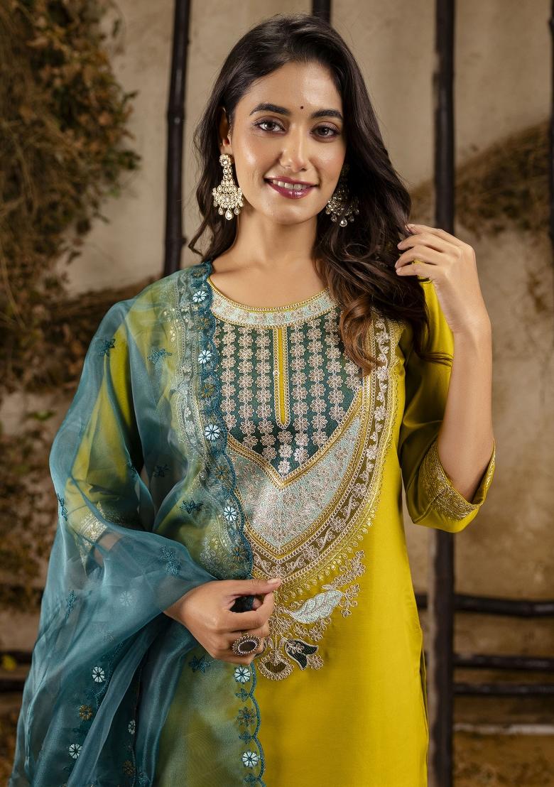 Lemon Embroidered Rayon Kurta Set - Indya