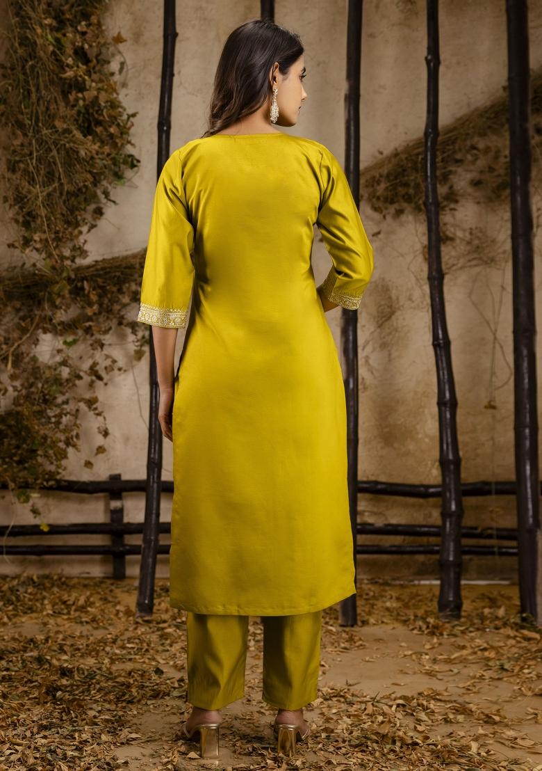 Lemon Embroidered Rayon Kurta Set - Indya