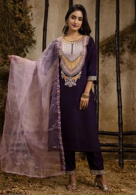 Purple Embroidered Rayon Kurta Set