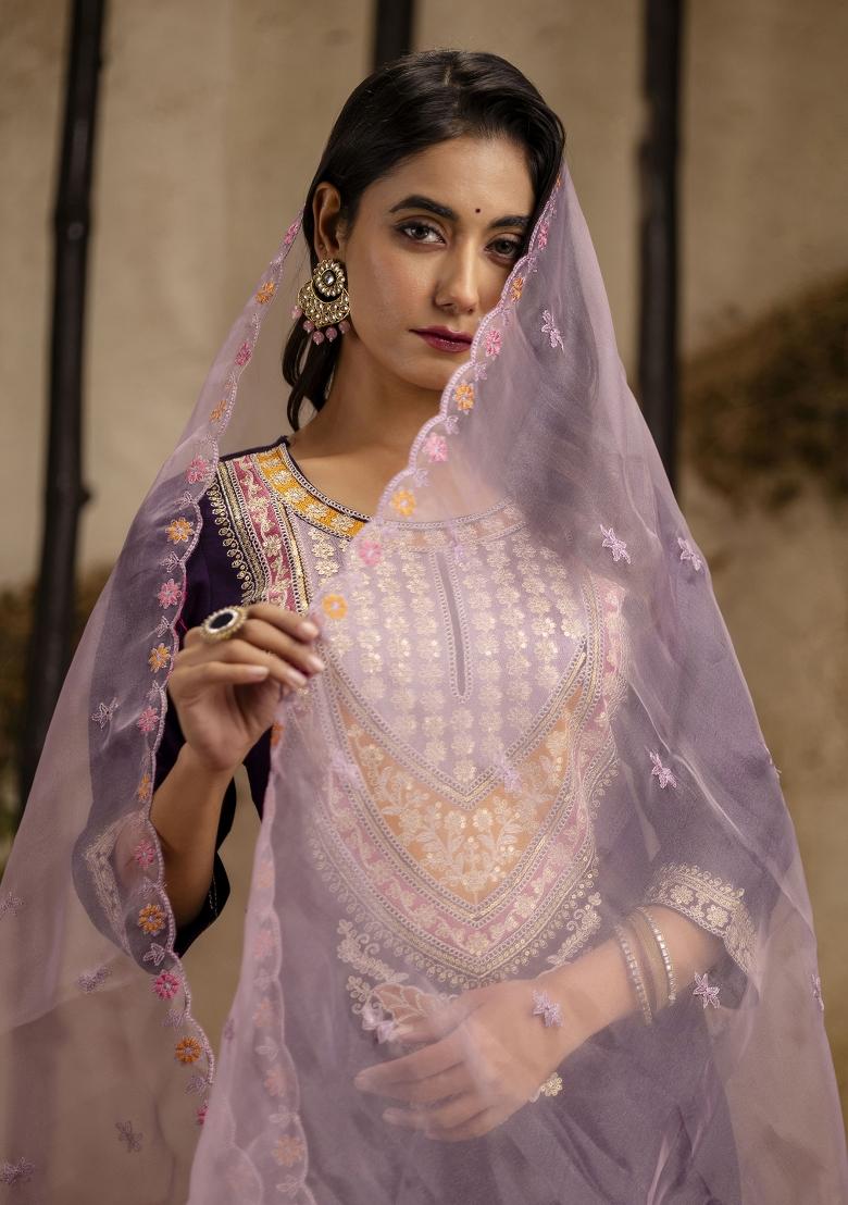 Purple Embroidered Rayon Kurta Set - Indya
