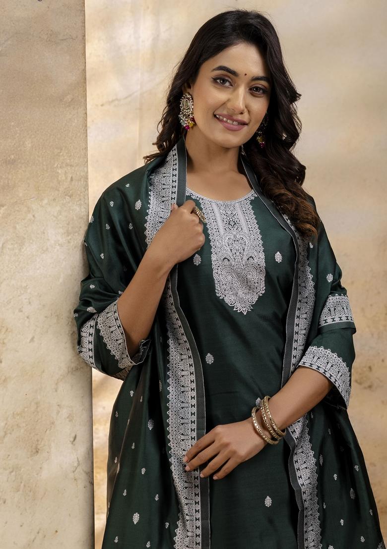 Green Weaving Cotton Kurta Set - Indya