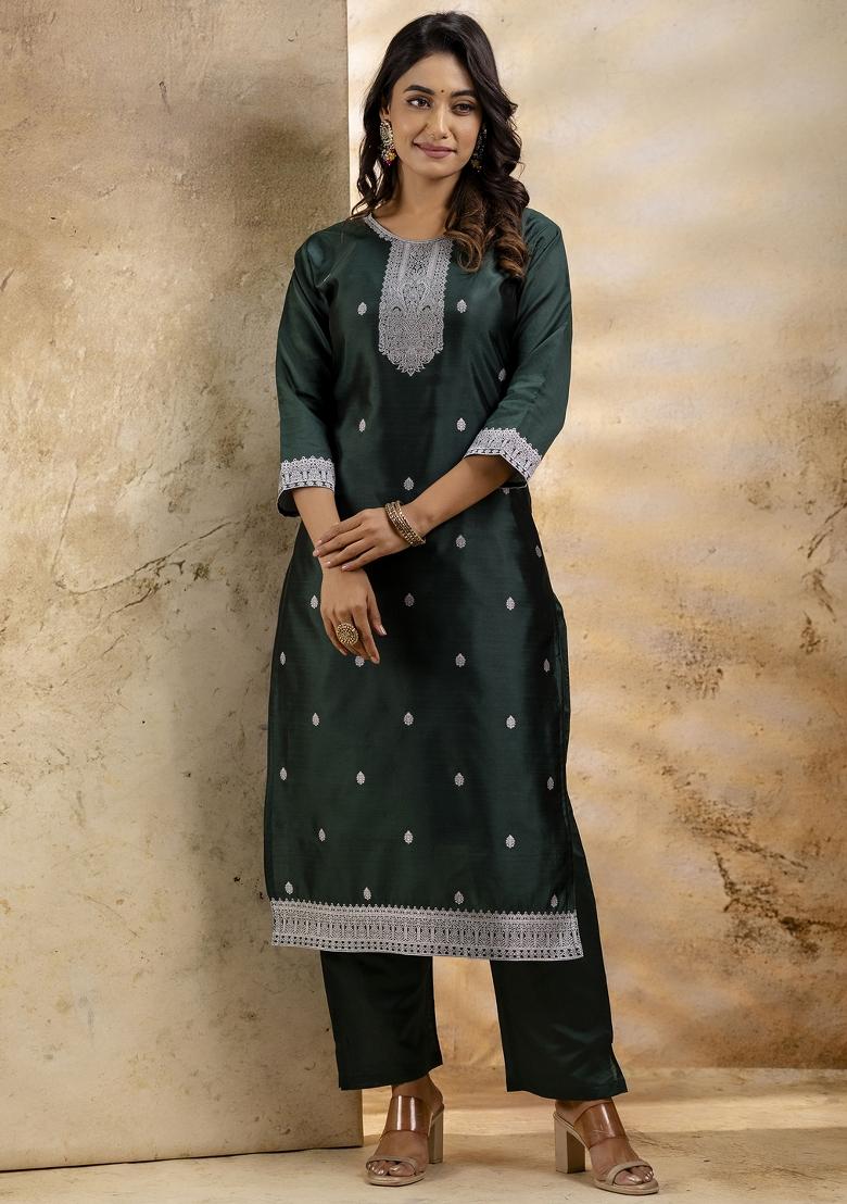 Green Weaving Cotton Kurta Set - Indya