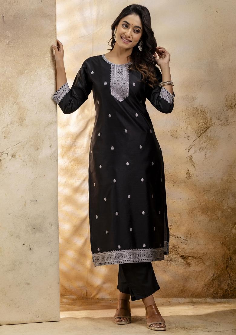 Black Weaving Cotton Kurta Set - Indya
