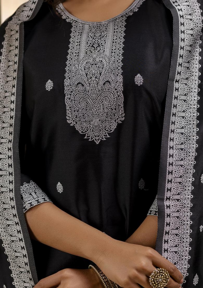 Black Weaving Cotton Kurta Set - Indya