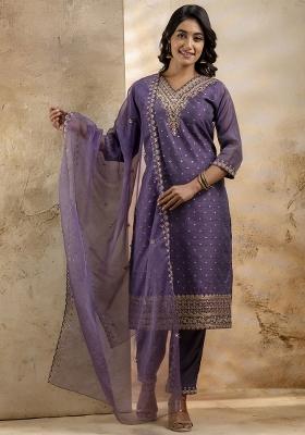Lavender Embroidered Silk Blend Kurta Set