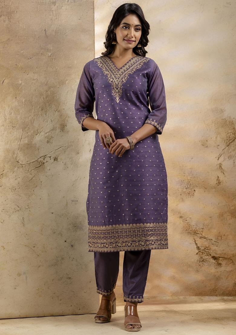 Lavender Embroidered Silk Blend Kurta Set - Indya