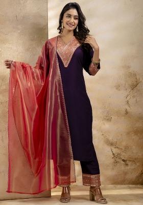 Purple Embroidered Rayon Kurta Set