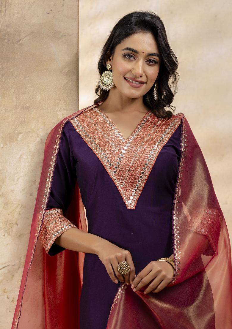 Purple Embroidered Rayon Kurta Set - Indya