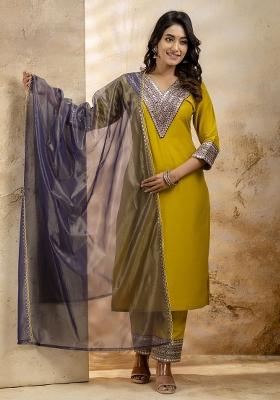 Lemon Embroidered Rayon Kurta Set
