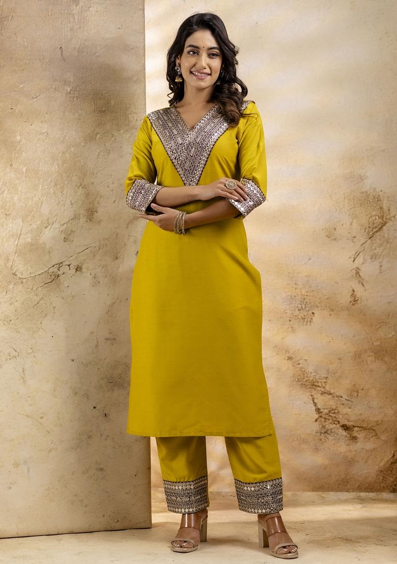Lemon Embroidered Rayon Kurta Set - Indya