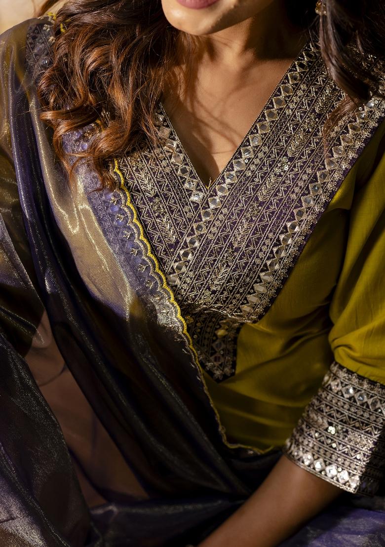 Lemon Embroidered Rayon Kurta Set - Indya