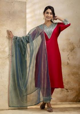 Rani Pink Embroidered Rayon Kurta Set