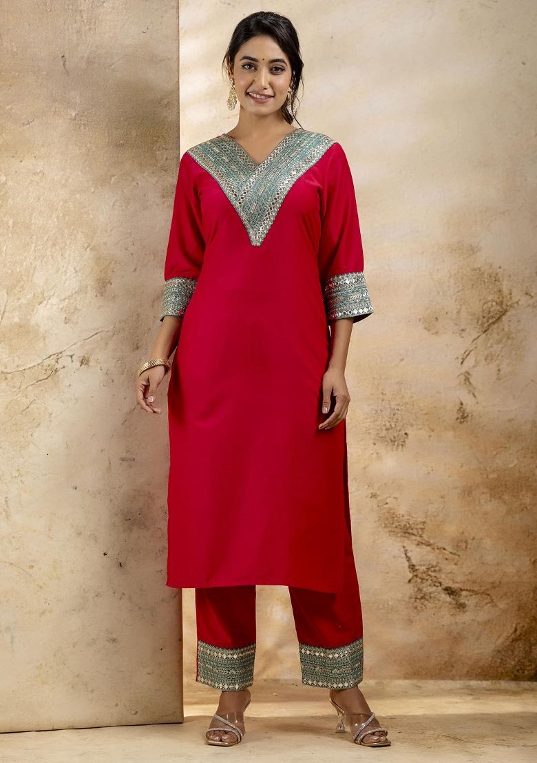 Rani Pink Embroidered Rayon Kurta Set - Indya