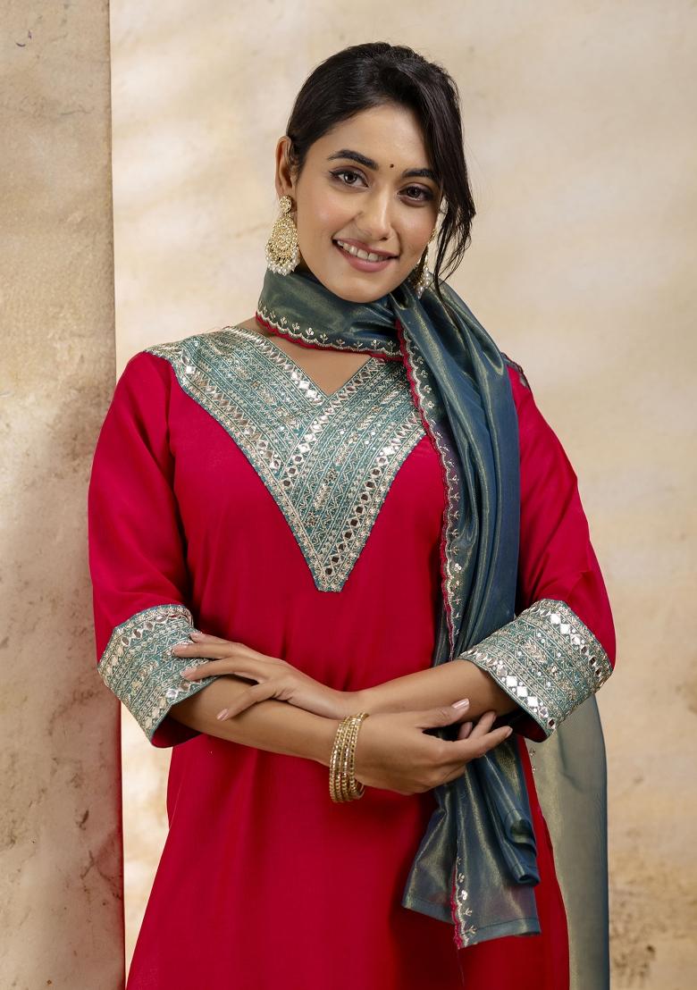 Rani Pink Embroidered Rayon Kurta Set - Indya