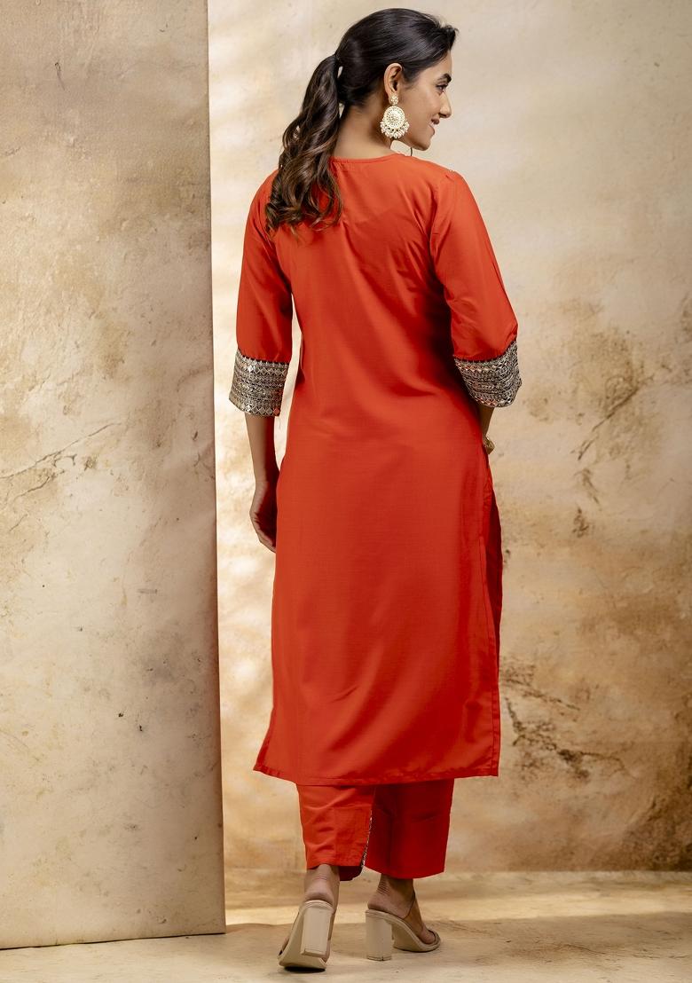 Peach Embroidered Rayon Kurta Set - Indya