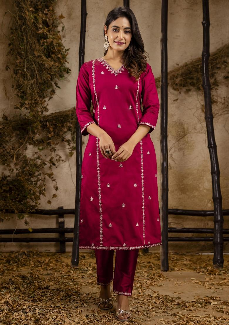 Maroon Embroidered Silk Blend Kurta Set - Indya
