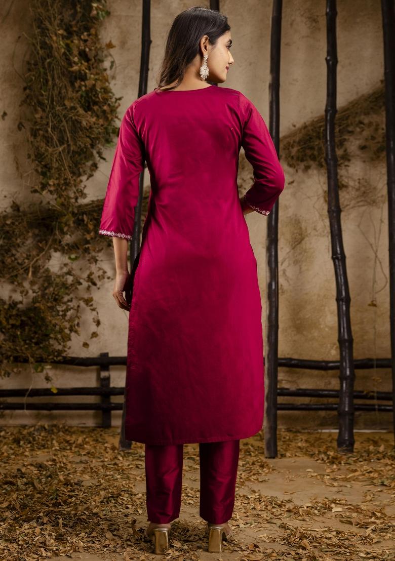 Maroon Embroidered Silk Blend Kurta Set - Indya