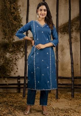 Teal Embroidered Silk Blend Kurta Set