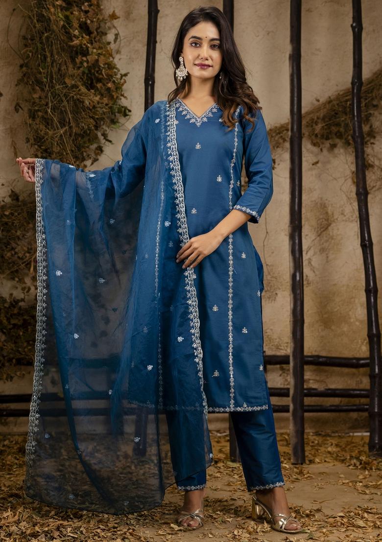 Teal Embroidered Silk Blend Kurta Set - Indya