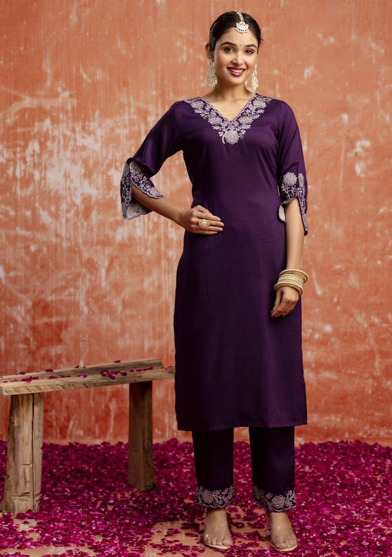 Purple Embroidered Silk Blend Kurta Set - Indya