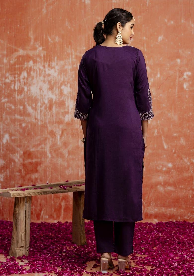 Purple Embroidered Silk Blend Kurta Set - Indya