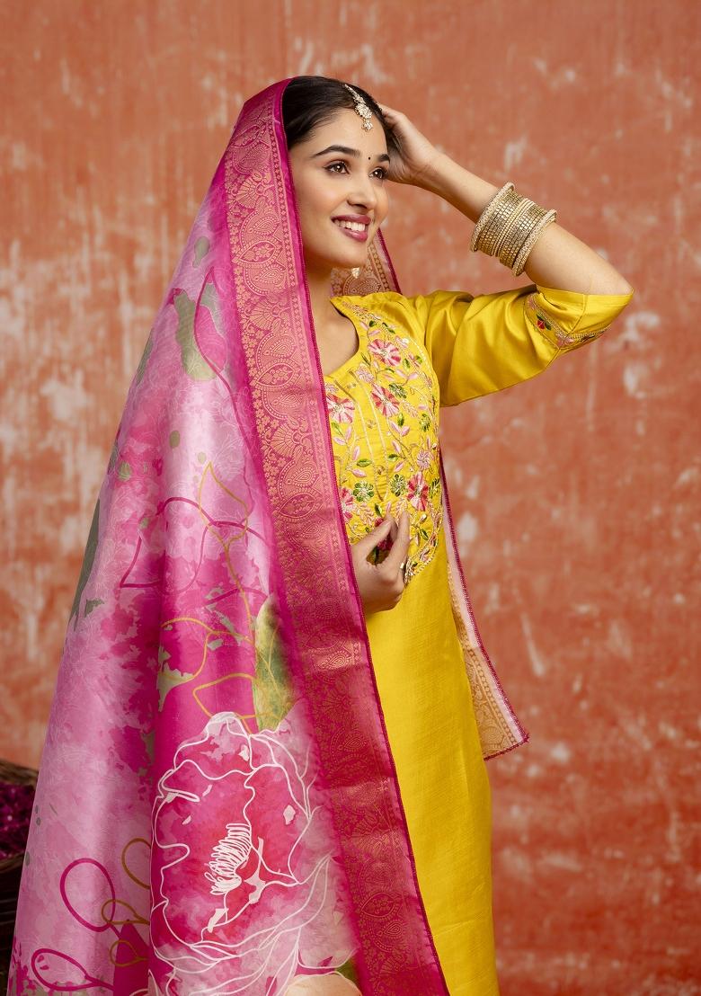 Yellow Printed Silk Blend Kurta Set - Indya