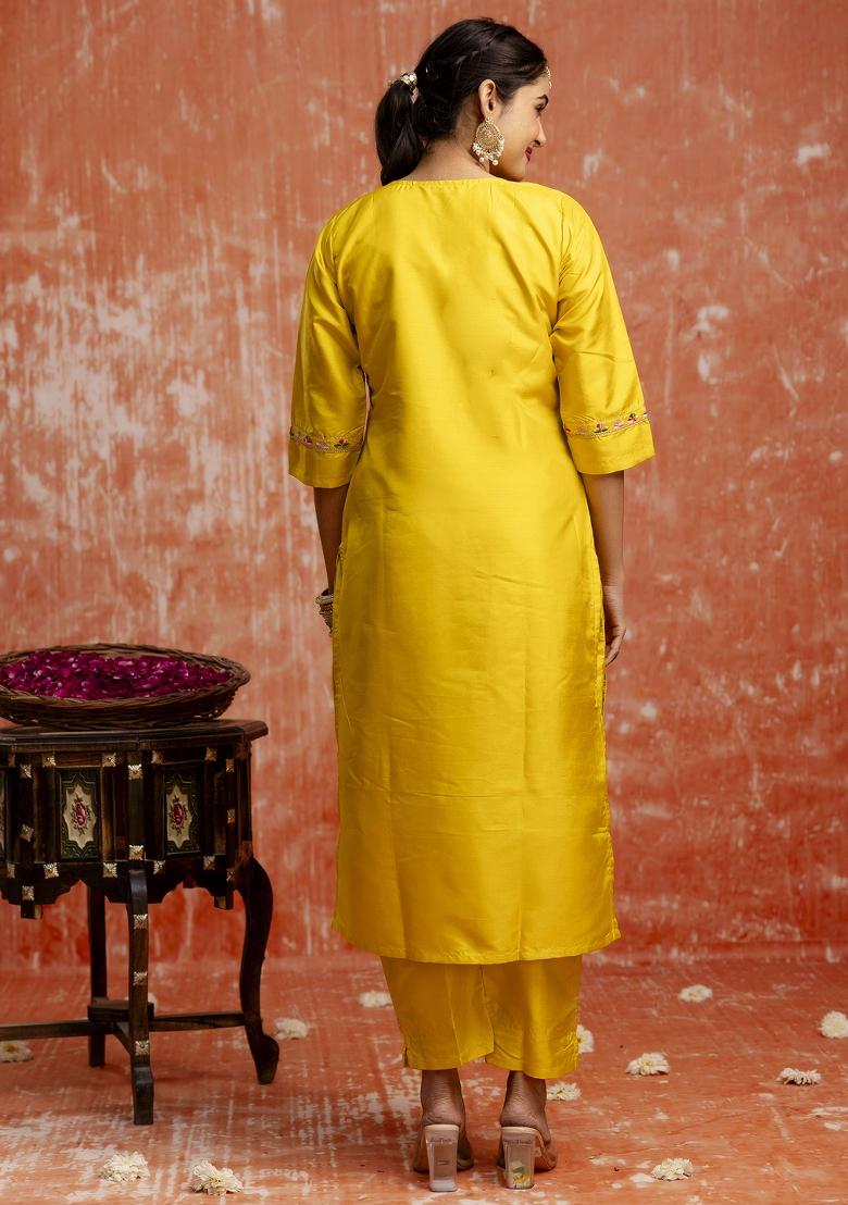 Yellow Printed Silk Blend Kurta Set - Indya