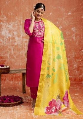 Pink Printed Silk Blend Kurta Set