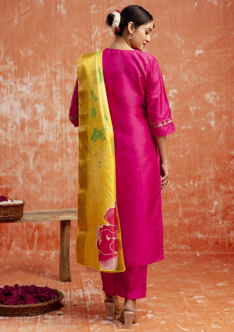 Pink Printed Silk Blend Kurta Set - Indya