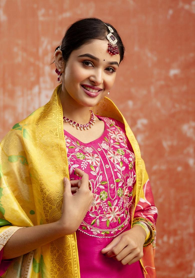 Pink Printed Silk Blend Kurta Set - Indya
