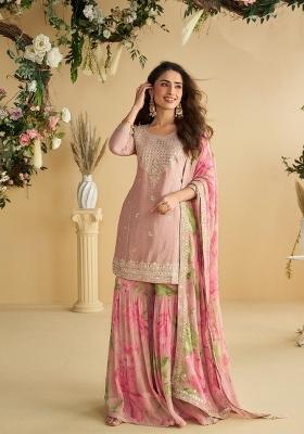 Peach Embroidered Chinon Kurta Set