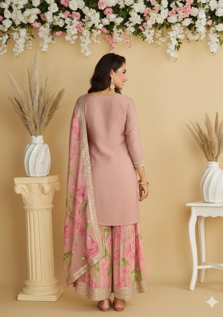 Peach Embroidered Chinon Kurta Set - Indya