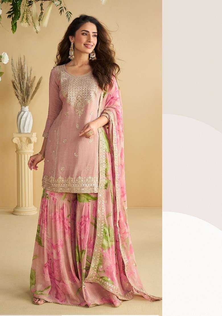 Peach Embroidered Chinon Kurta Set - Indya