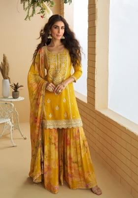 Yellow Embroidered Chinon Kurta Set